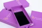 Extensii de gene profesionale 6–14 mm, prezentate intr-o cutie mov pentru aplicare estetica.